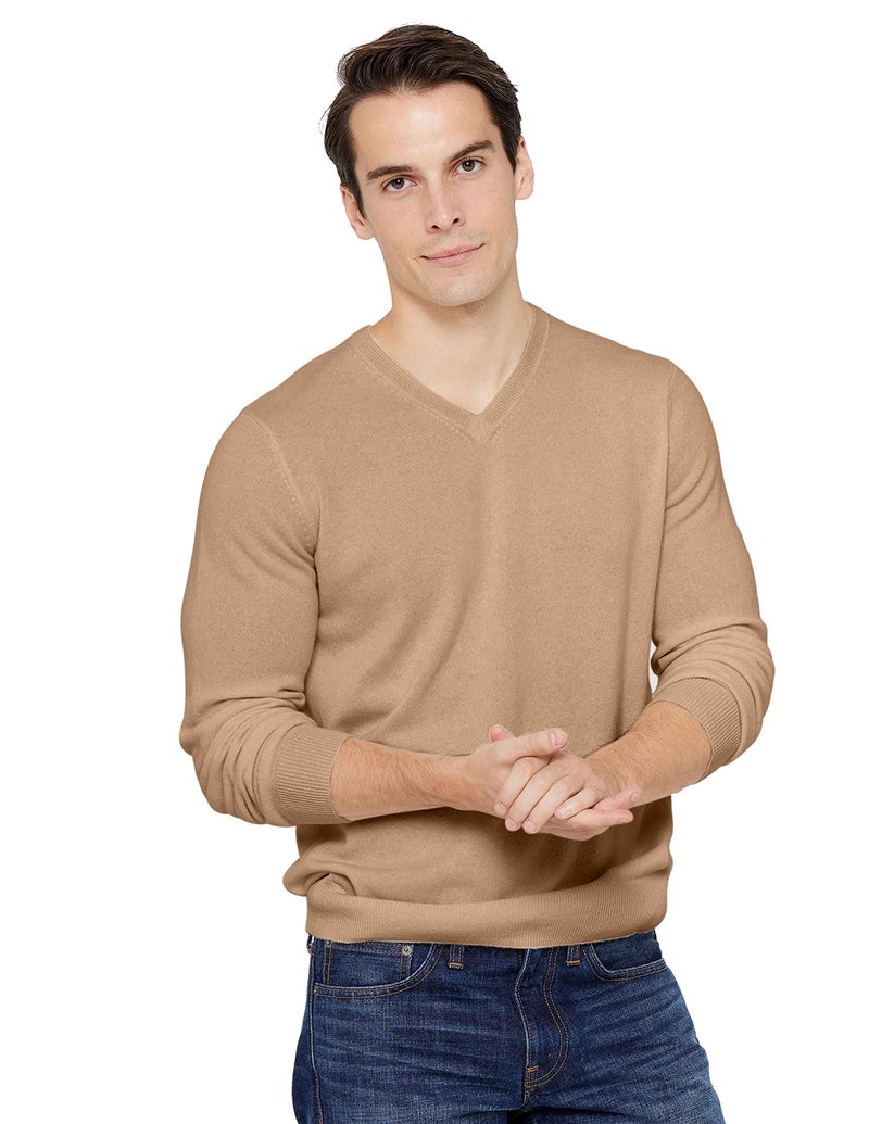 State Cashmere Men's Essential V-Neck Sweater 100% Pure Cashmere Classic Long Sleeve Pullover (Camel, Large) - Image 1